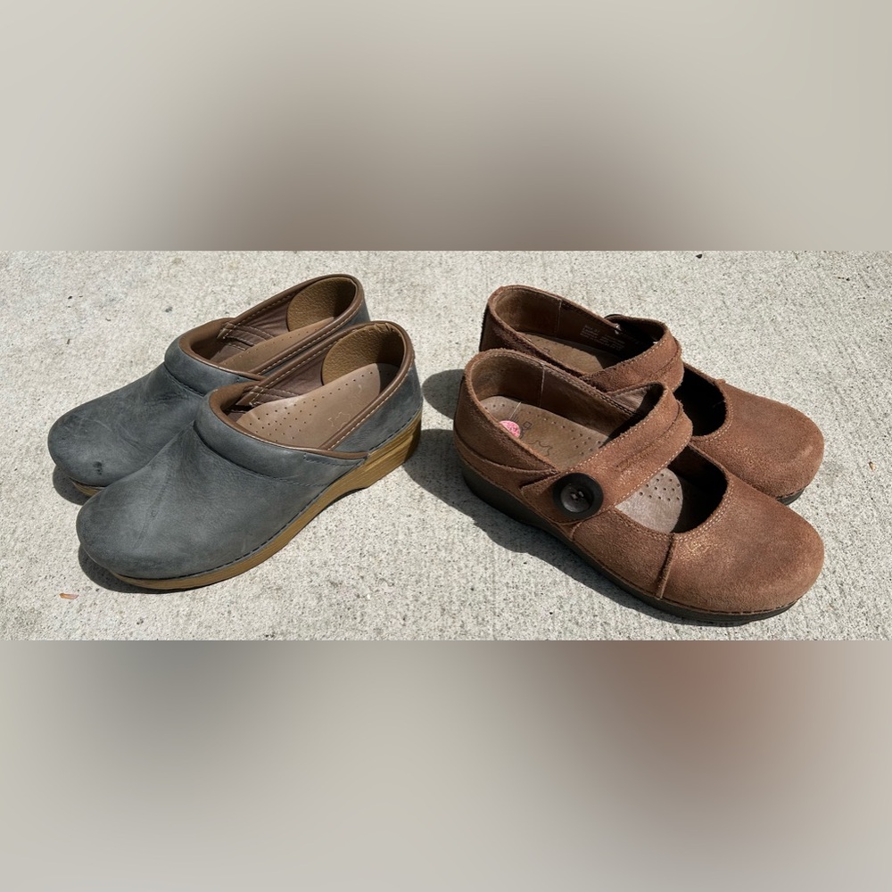 2 Pairs- Dansko 37 or 6 1/2 Brown Leather Mary Jane’s and Grey Leather Clogs